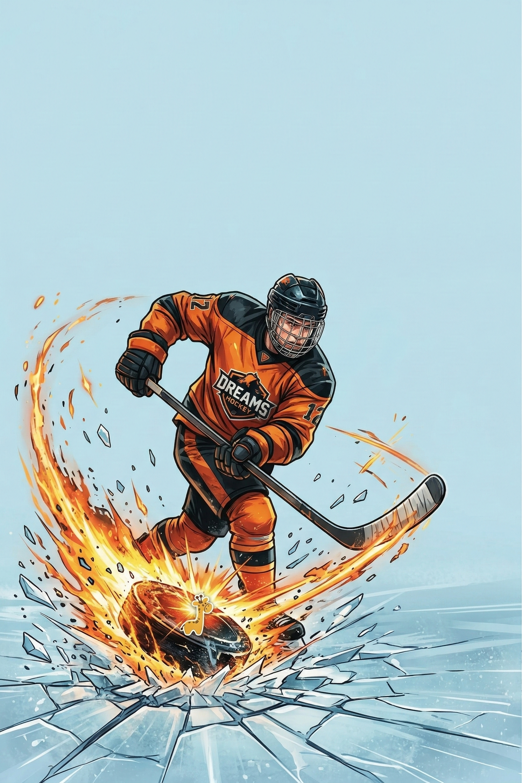 Comic-style hockey player breaking through ice